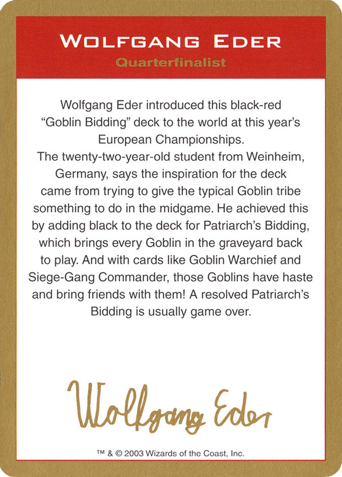 Wolfgang Eder Bio [World Championship Decks 2003] | Exor Games New Glasgow