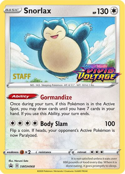Snorlax (SWSH068) (Staff Prerelease Promo) [Sword & Shield: Black Star Promos] | Exor Games New Glasgow