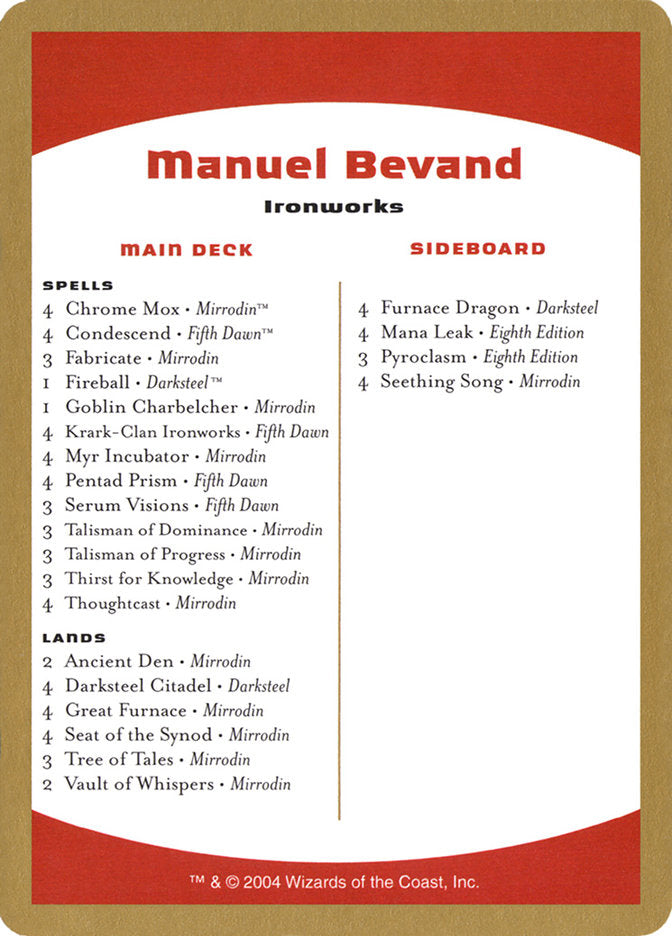 Manuel Bevand Decklist [World Championship Decks 2004] | Exor Games New Glasgow