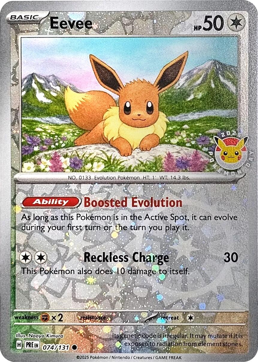 Eevee (074/131) (Pokemon Day 2025) (Reverse Cosmos Holo) [Scarlet & Violet: Prismatic Evolutions] | Exor Games New Glasgow