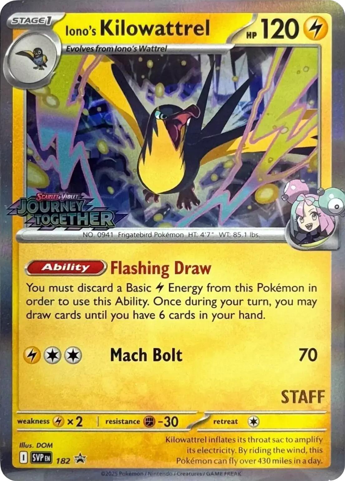 Iono's Kilowattrel (182) (Prerelease Staff) [Scarlet & Violet: Black Star Promos] | Exor Games New Glasgow