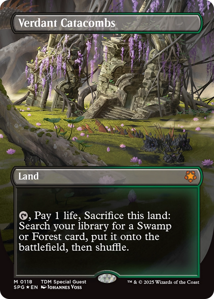 Verdant Catacombs (Borderless) (Dragonscale Foil) [Tarkir: Dragonstorm Special Guests] | Exor Games New Glasgow