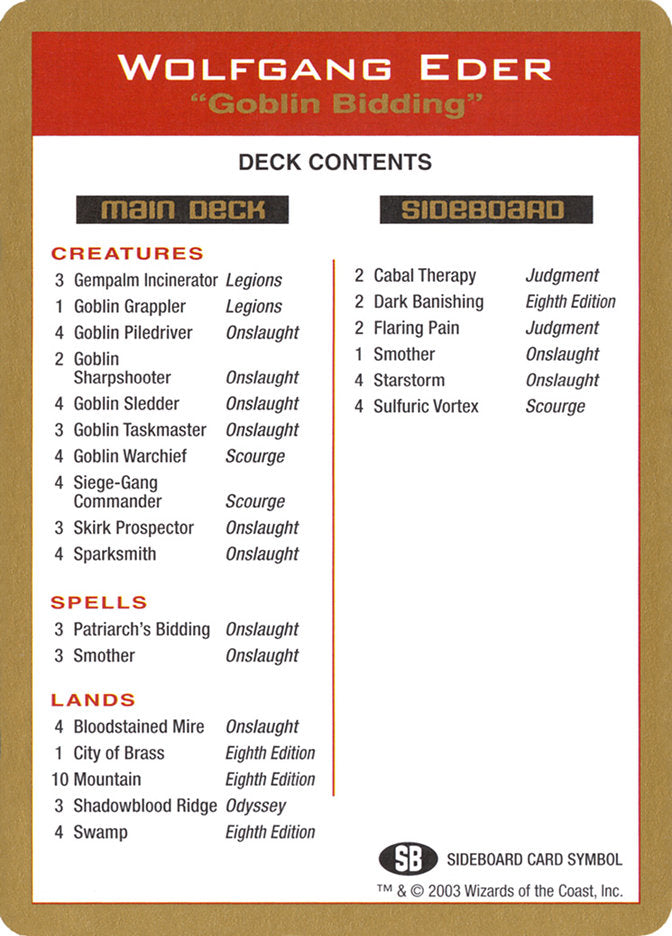 Wolfgang Eder Decklist [World Championship Decks 2003] | Exor Games New Glasgow