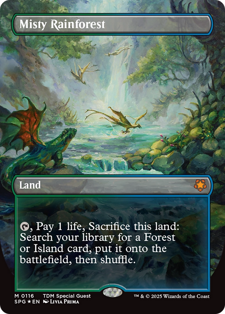 Misty Rainforest (Borderless) (Dragonscale Foil) [Tarkir: Dragonstorm Special Guests] | Exor Games New Glasgow