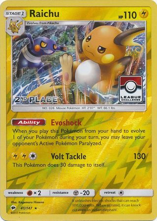 Raichu (41/147) (League Promo 2nd Place) [Sun & Moon: Burning Shadows] | Exor Games New Glasgow