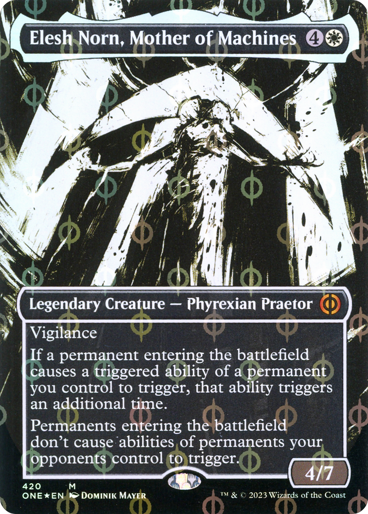 Elesh Norn, Mother of Machines (Borderless Ichor Step-and-Compleat Foil) [Phyrexia: All Will Be One] | Exor Games New Glasgow