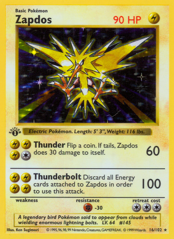 Zapdos (16/102) (Shadowless) [Base Set 1st Edition] | Exor Games New Glasgow