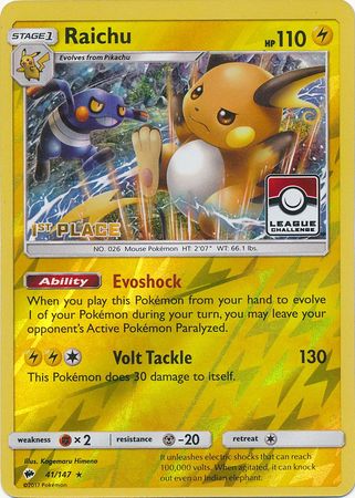 Raichu (41/147) (League Promo 1st Place) [Sun & Moon: Burning Shadows] | Exor Games New Glasgow