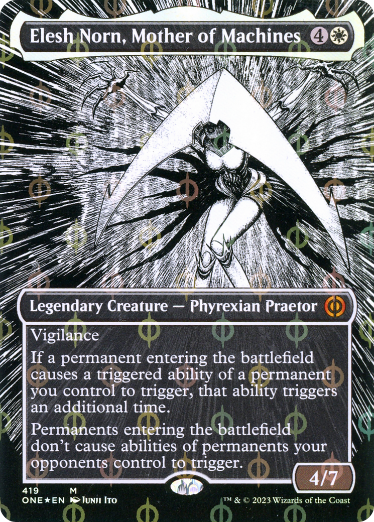 Elesh Norn, Mother of Machines (Borderless Manga Step-and-Compleat Foil) [Phyrexia: All Will Be One] | Exor Games New Glasgow