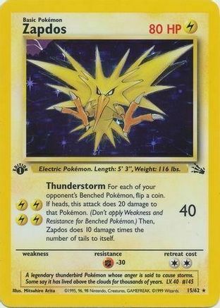 Zapdos (15/62) (Cosmos Holo) [Fossil 1st Edition] | Exor Games New Glasgow